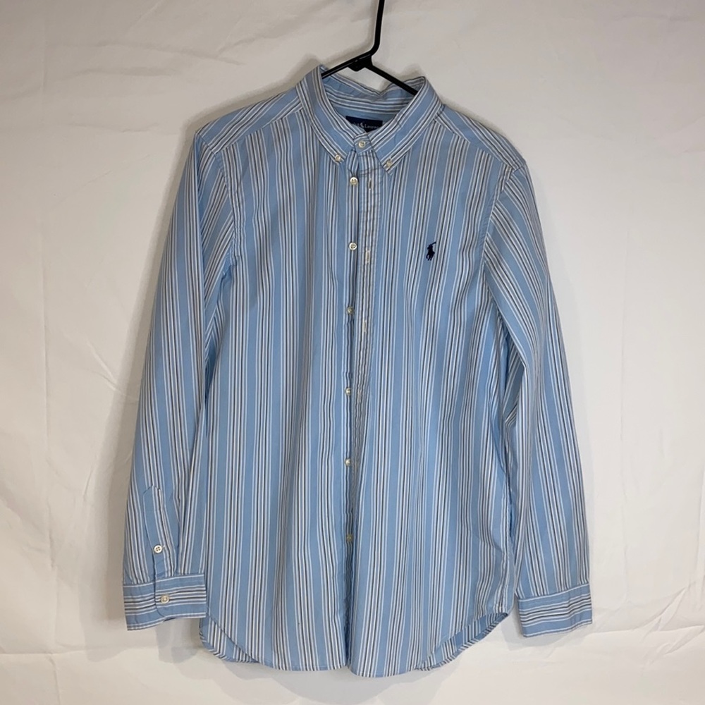 Blue and white stripped Ralph Lauren long-sleeved button down